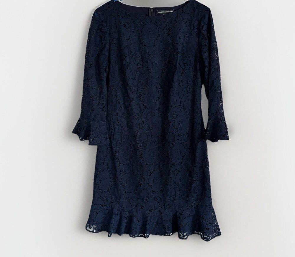 American Living Blue Lace Dress Size 10 Long Sleeve Zip Lined
